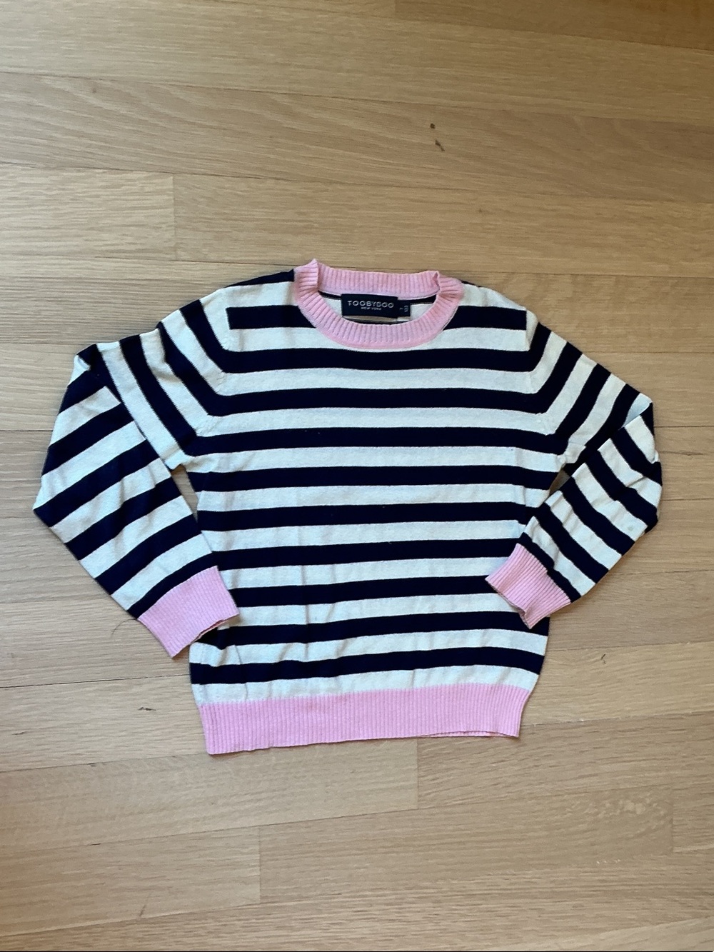 Toobydoo Navy and White Striped Crew Sweater with Pink Trim